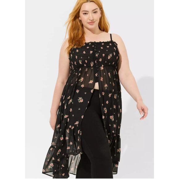 Torrid Tunic Top Womens 3X Sheer Chiffon Floral Smocked Strappy Whimsigoth New - Picture 3 of 13